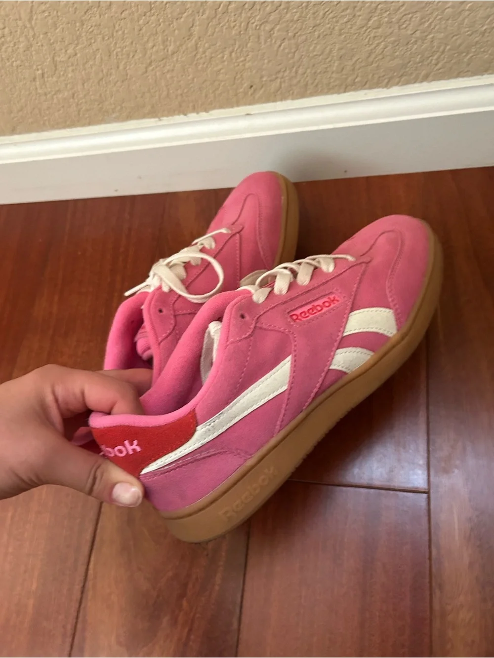 Reebok Pink Suede Low-Top Sneakers with White Accents